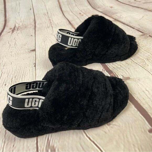 UGG Shoes - UGG Fluff Yeah black furry soft slippers slides with back straps, size 5
